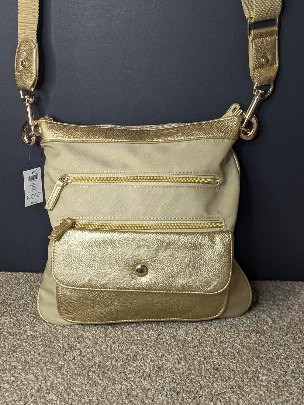Chicos NWT Metallic Gold Crossbody Bag Faux Leather Trim Nylon Multi Pocket